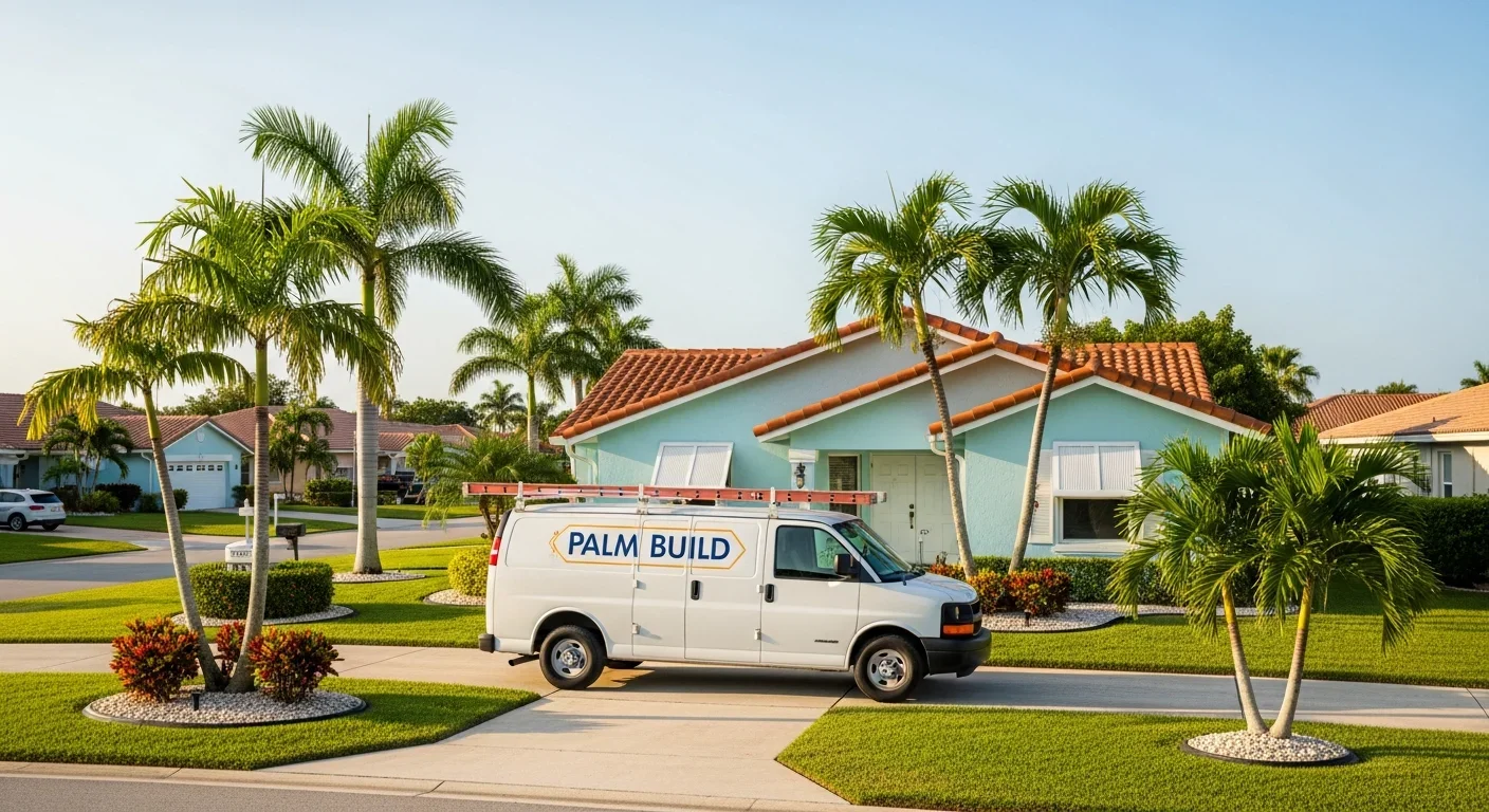 Palm Build branded service van parked outside a residential community in Margate Florida ready for emergency water damage restoration