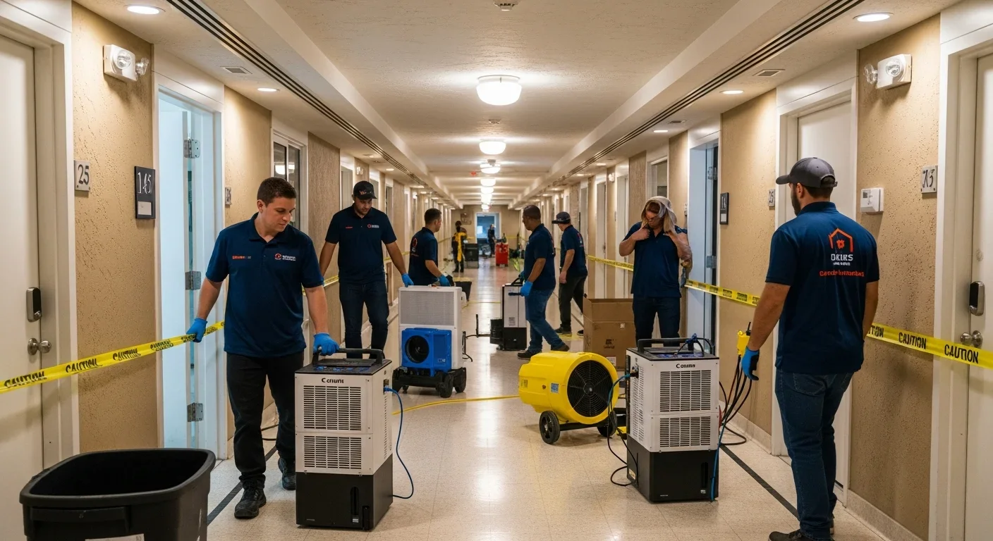 Palm Build crew performing emergency mitigation and restoration inside a Margate 55-plus condominium