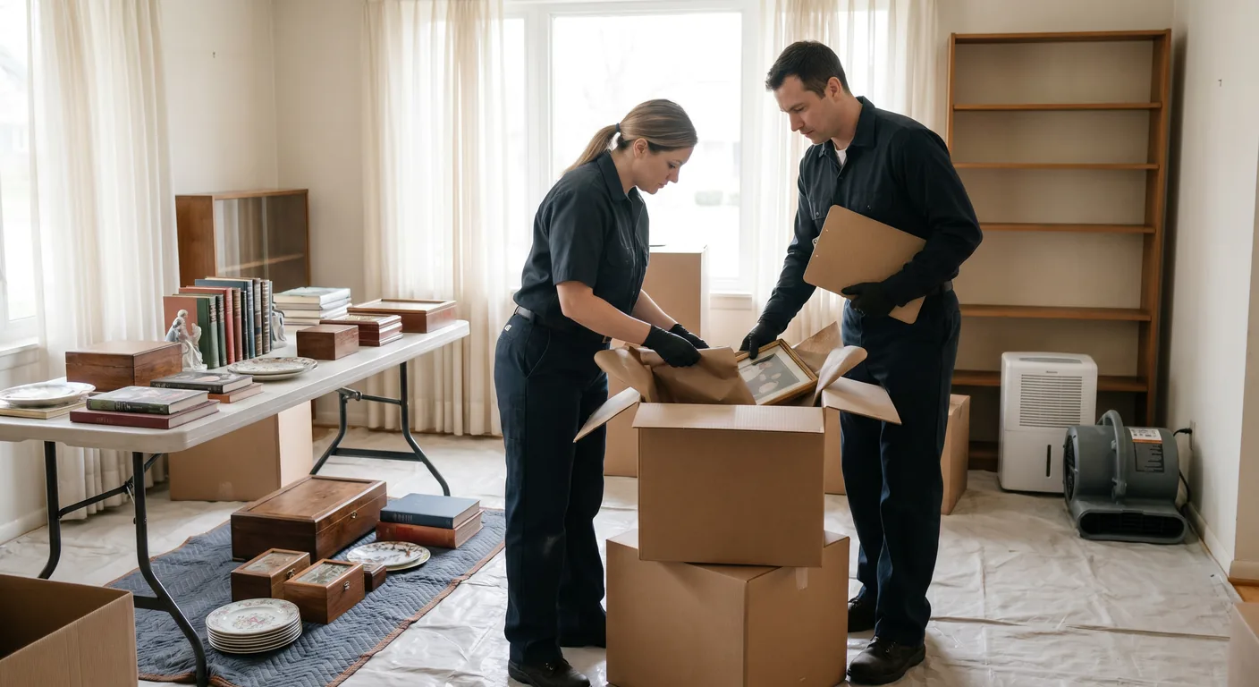 Palm Build contents restoration technicians inventorying and carefully packing decades of accumulated belongings from a 55-plus condo unit in Margate Florida after water damage