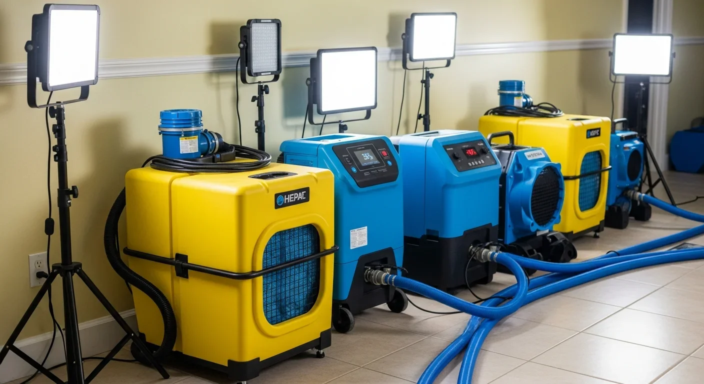 Palm Build commercial drying equipment setup in a Margate Florida condominium unit showing professional LGR dehumidifiers and air movers
