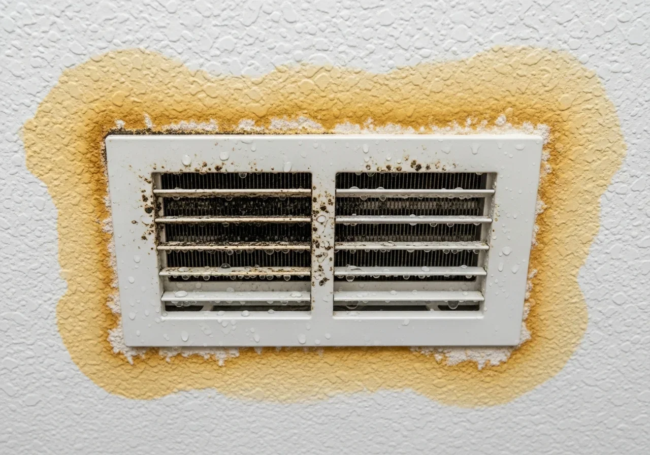 HVAC condensate overflow causing ceiling and wall water damage in a Margate Florida condo unit with visible moisture staining