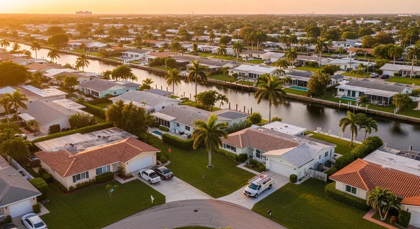 Aerial view of Margate FL showing inland CBS neighborhoods, canal network, and 55+ HOA communities in Broward County