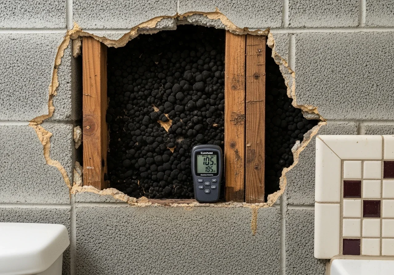 Detailed view of mold growth on building materials inside a Margate Florida home