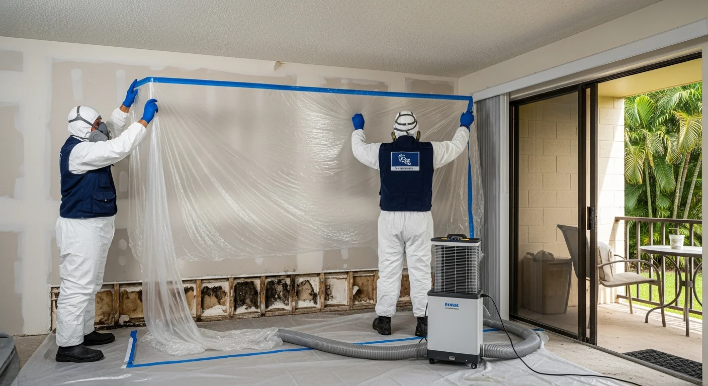 Palm Build mold remediation technicians in full PPE setting up negative air containment in a Margate Florida condominium with HEPA air scrubbers