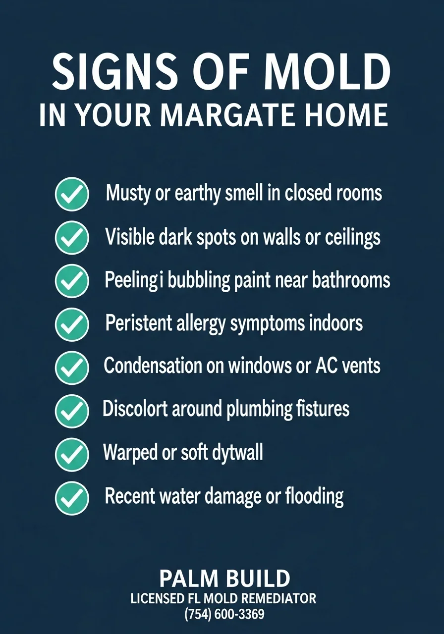 Visible mold warning signs on walls and surfaces inside a Margate Florida home requiring professional assessment