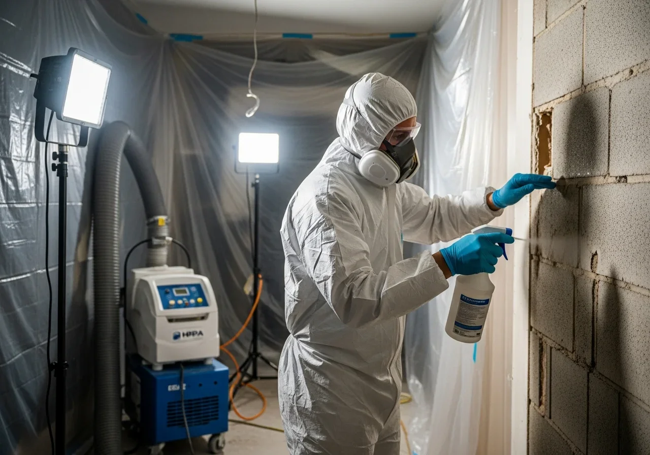 Palm Build mold remediation technician applying antimicrobial treatment to CBS wall in Margate Florida