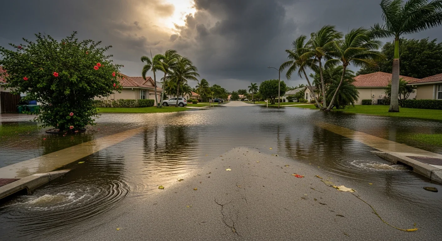 Post-storm canal overflow and stormwater flooding in a Margate FL residential neighborhood with water covering streets near inland canal corridors