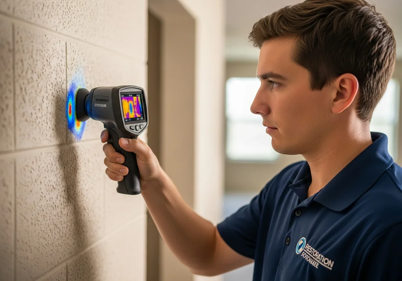 Palm Build technician using thermal imaging camera for moisture detection in a Margate Florida condo shared wall