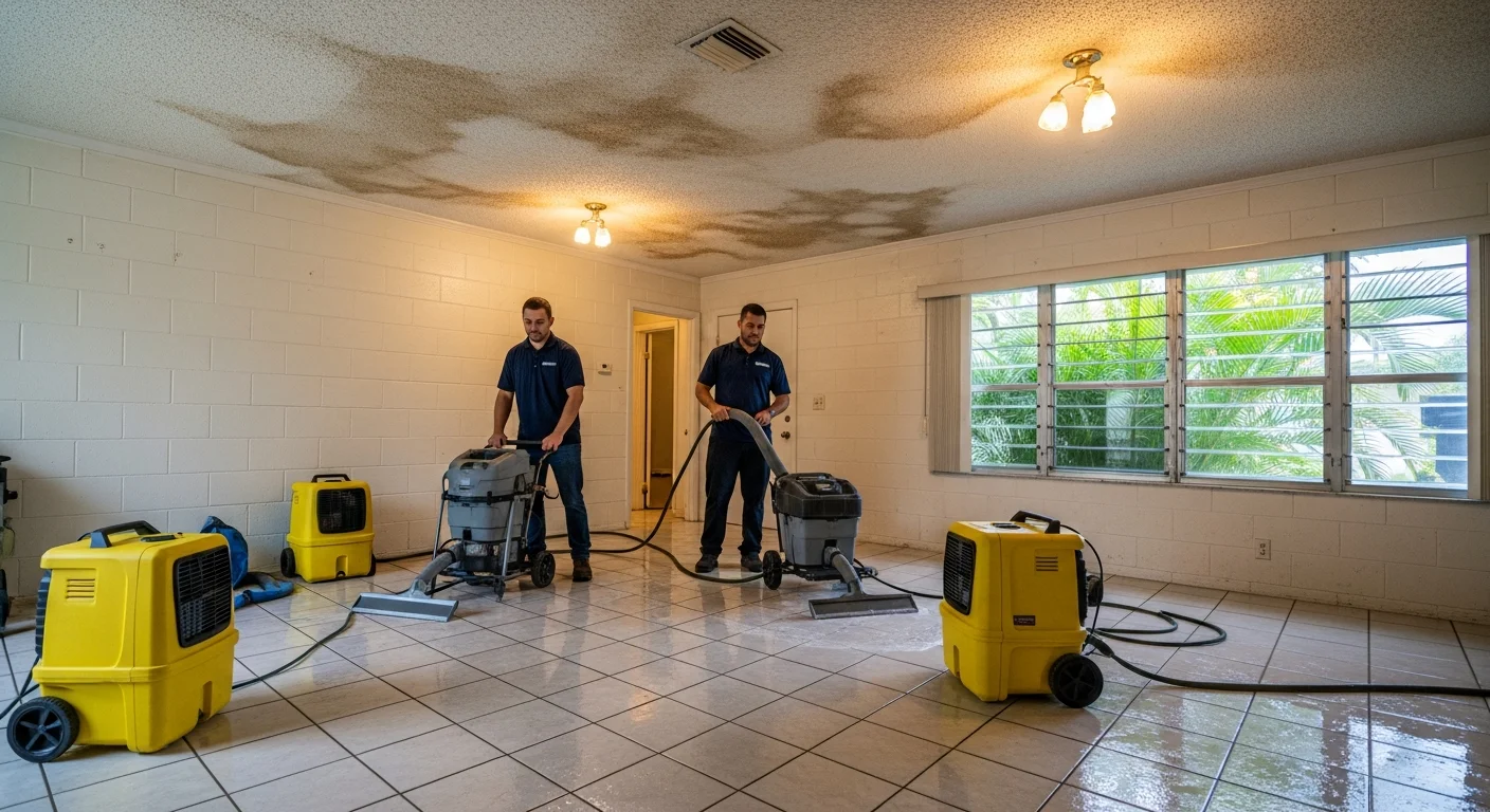 Palm Build restoration technicians performing water extraction in a single-story CBS stucco home in Margate, Florida with professional dehumidifiers and air movers