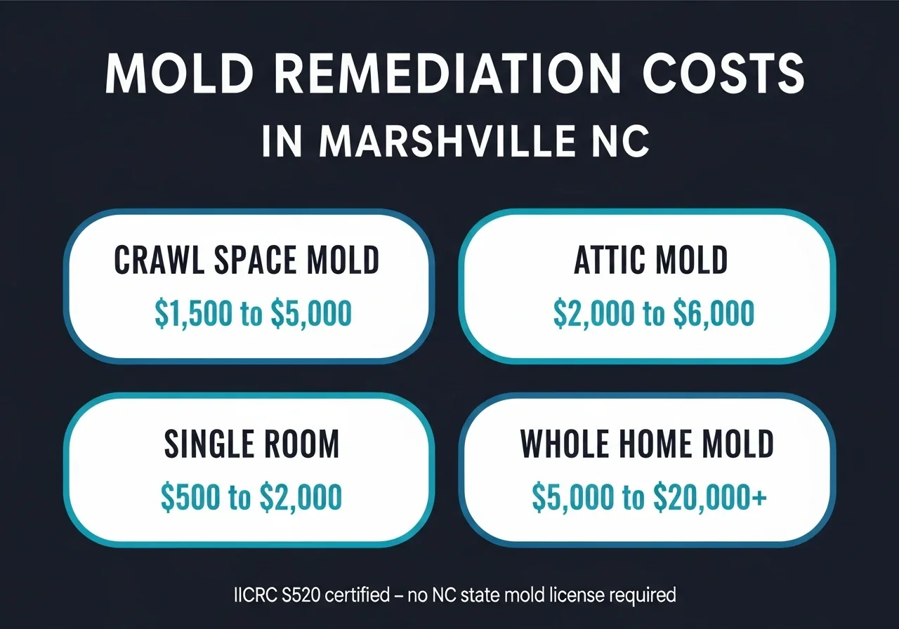 Mold remediation cost ranges in Marshville NC — infographic showing crawl space, attic, and whole-home remediation prices
