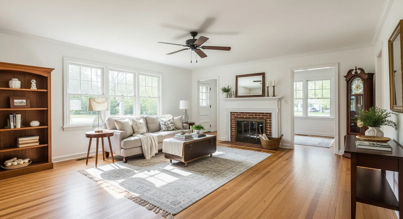 Restored Marshville North Carolina home interior after water damage restoration — clean floors and repaired walls