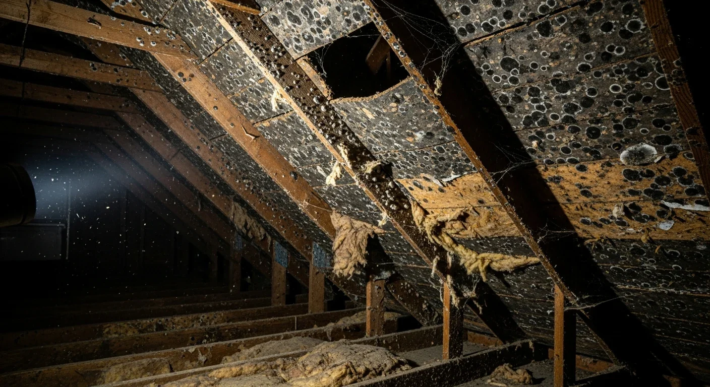 Mold on roof decking and rafters in the attic of an older Marshville NC home