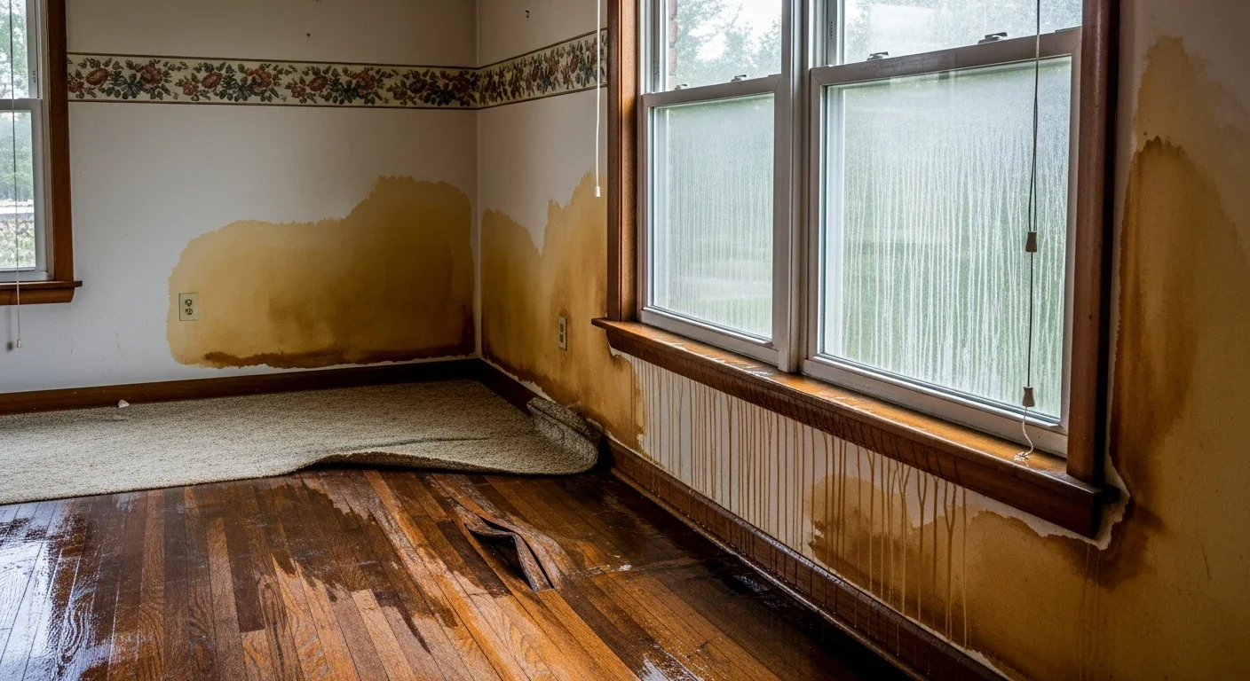 Water damage in Marshville North Carolina ranch home — warped floors and water staining before restoration