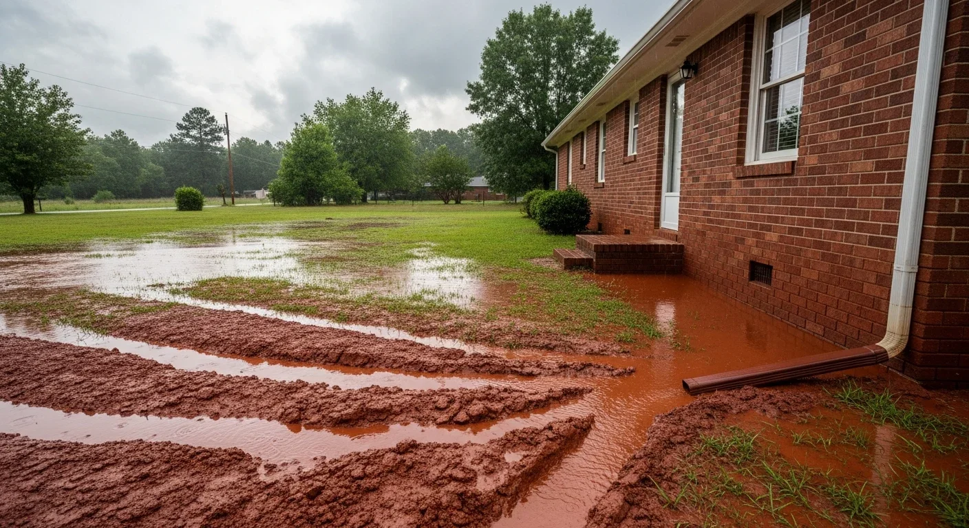Piedmont red clay soil drainage causing foundation moisture against a Marshville NC brick house
