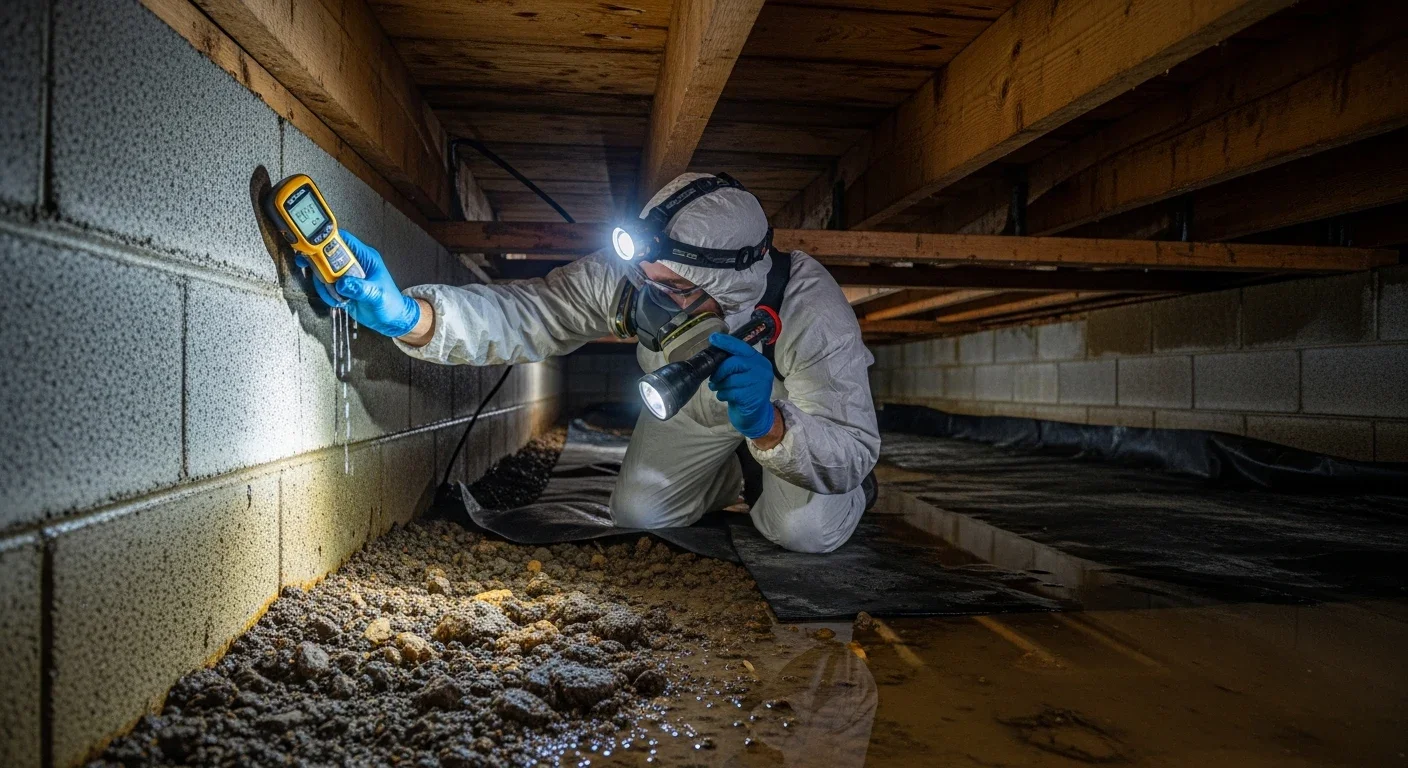Crawl space water damage inspection under a Marshville North Carolina home — moisture and standing water visible