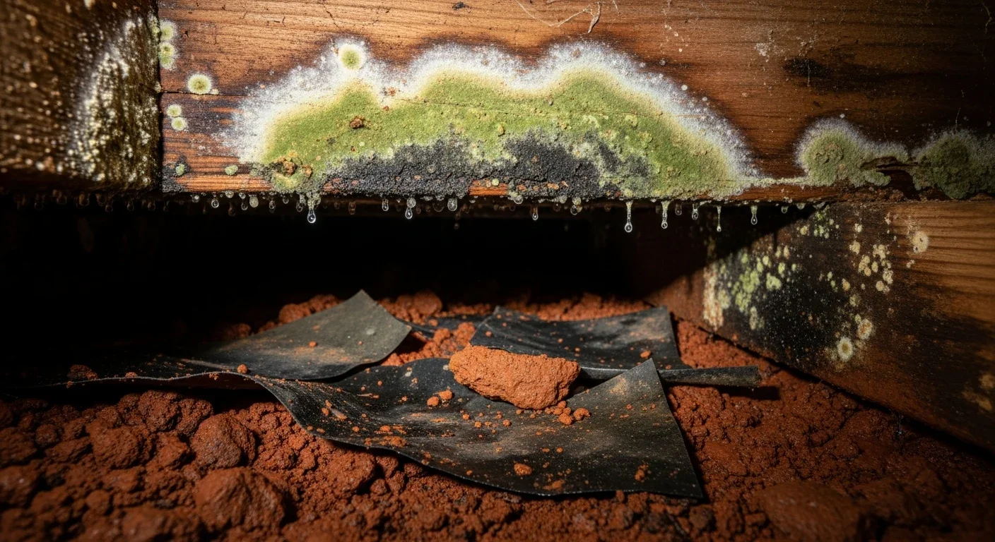 Mold growth on floor joists and wood framing in a crawl space under a Marshville North Carolina home