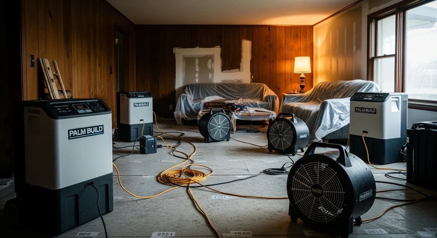 LGR dehumidifiers and air movers set up for structural drying in a Marshville NC home