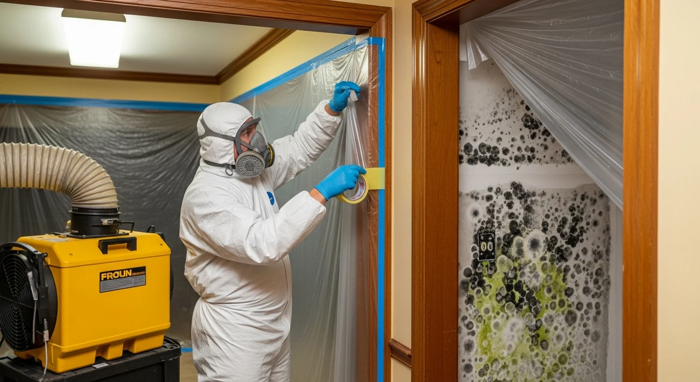IICRC-certified mold remediation technician in white Tyvek suit establishing containment in a Marshville North Carolina ranch home