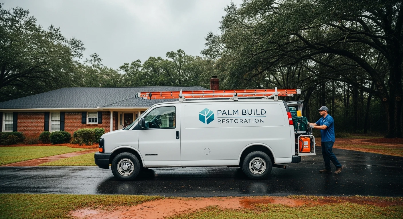Palm Build restoration van parked in the driveway of a brick ranch house in Marshville, North Carolina with overcast post-storm sky