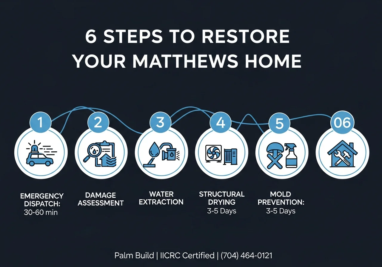 Infographic showing Palm Build's 6-step water damage restoration process for Matthews NC homes