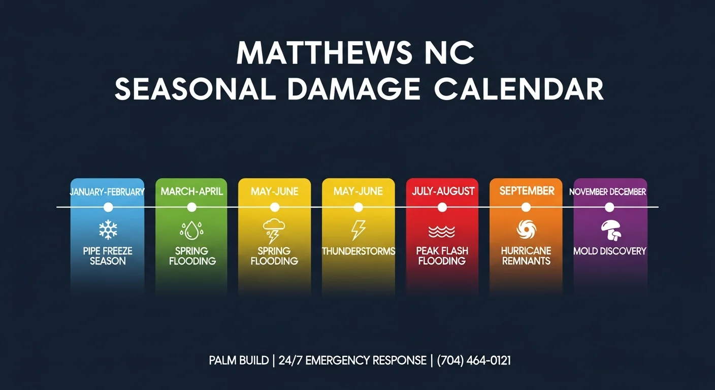 Matthews NC seasonal water damage risk calendar showing month-by-month damage patterns