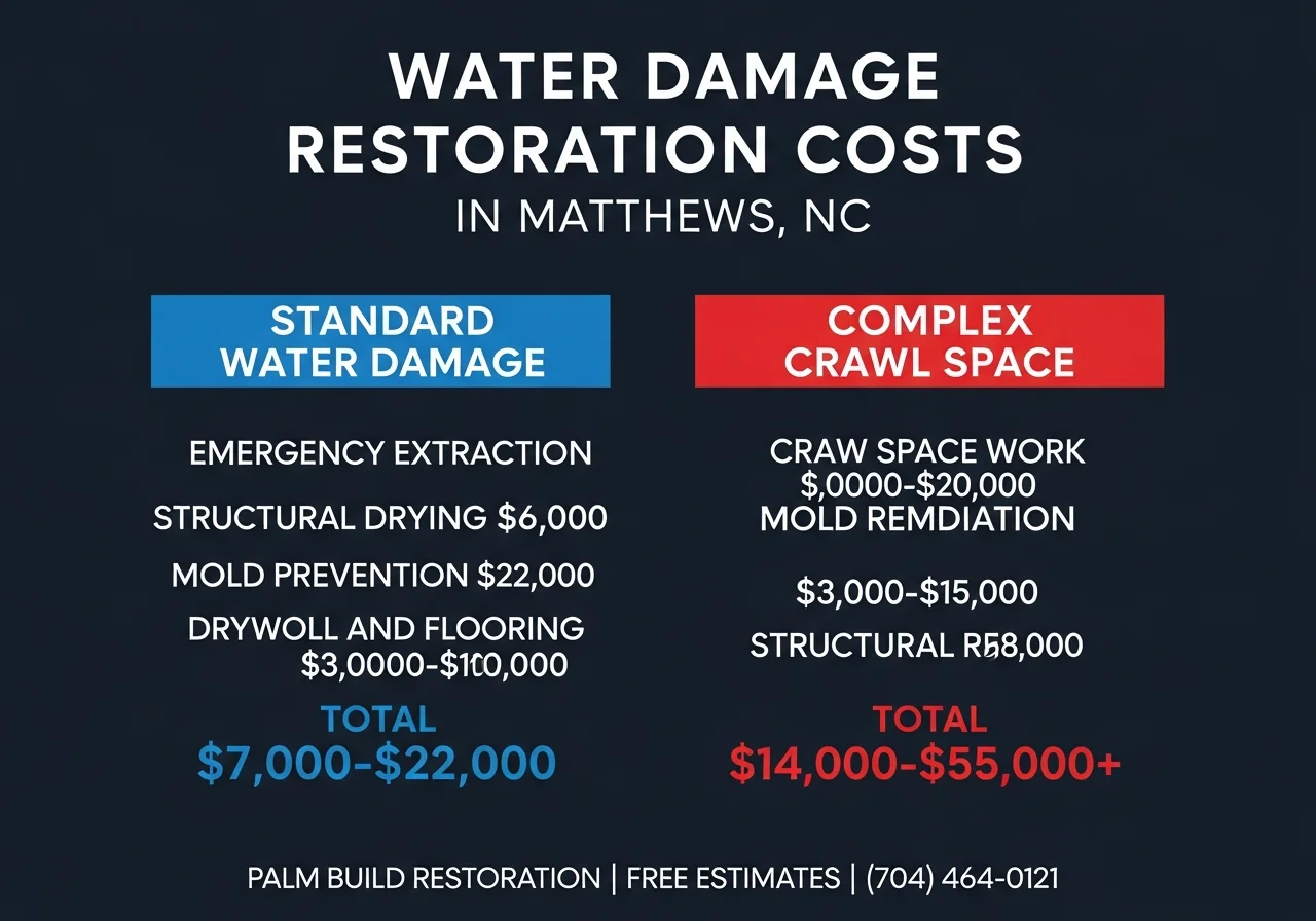 Infographic showing water damage restoration cost ranges in Matthews NC