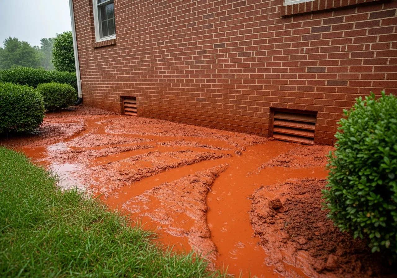 Cecil clay soil visible at a Matthews NC foundation showing poor drainage and moisture accumulation against crawl space walls
