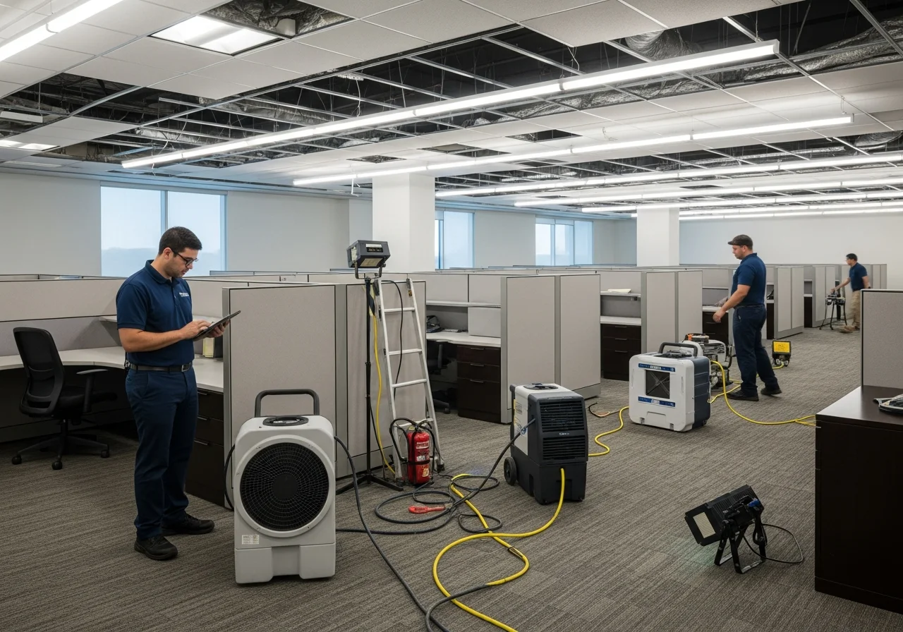 Palm Build commercial restoration crew with equipment at a Matthews North Carolina commercial property along the Trade Street corridor
