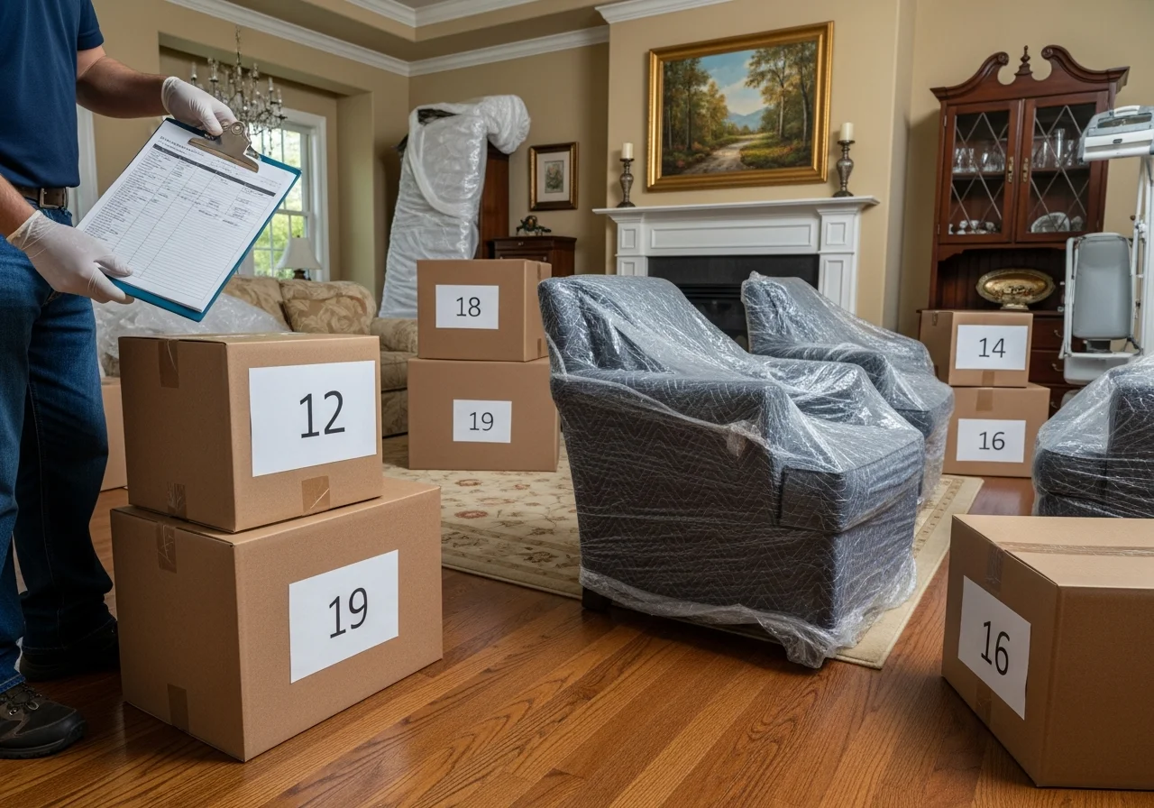 Palm Build contents restoration team carefully packing out belongings from a Matthews NC home after water damage