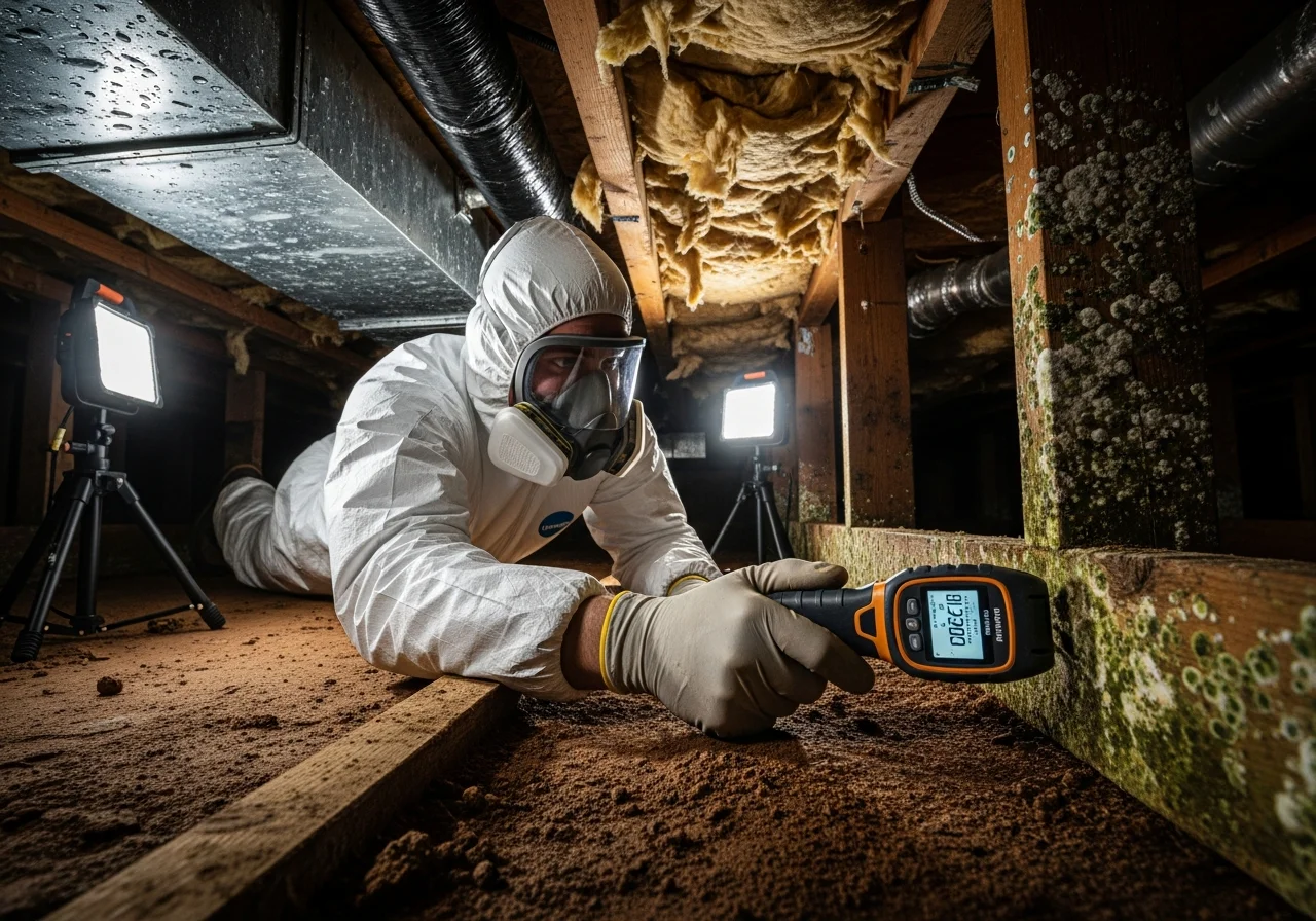 Professional technician inspecting mold and moisture damage in a Matthews NC crawl space with Cecil clay soil foundation