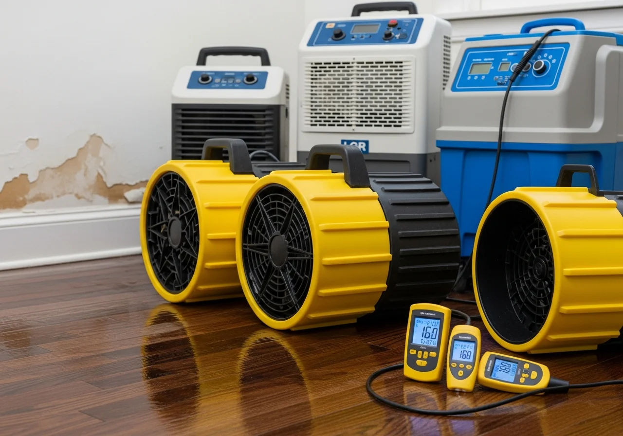 Commercial drying equipment and dehumidifiers set up inside a storm-damaged Matthews NC home