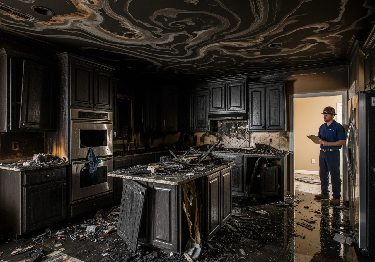 Fire and smoke damage in a Matthews NC kitchen showing charred cabinets and soot residue on walls and countertops