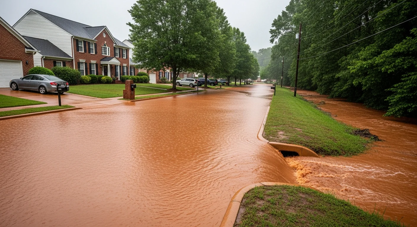 Flash flooding on a Matthews NC residential street during severe rainfall with water covering roadway and approaching homes