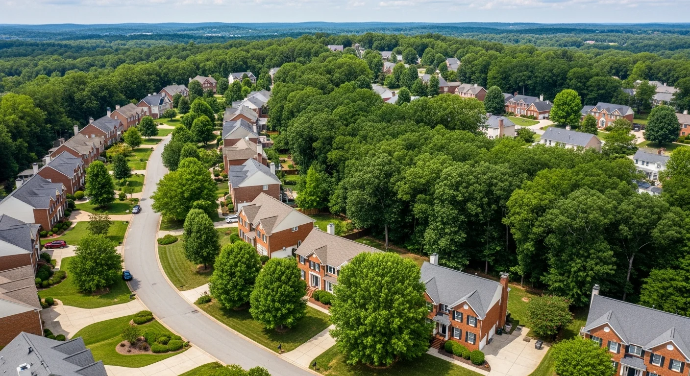 Aerial view of HOA-governed neighborhood in Matthews NC showing established homes with community amenities
