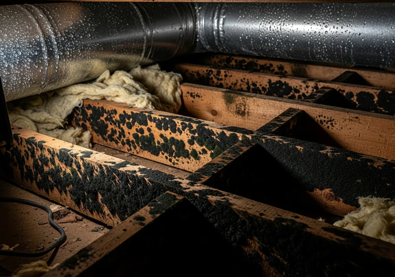 Active mold growth on floor joists in a Matthews NC crawl space showing white and green mold colonies on structural wood
