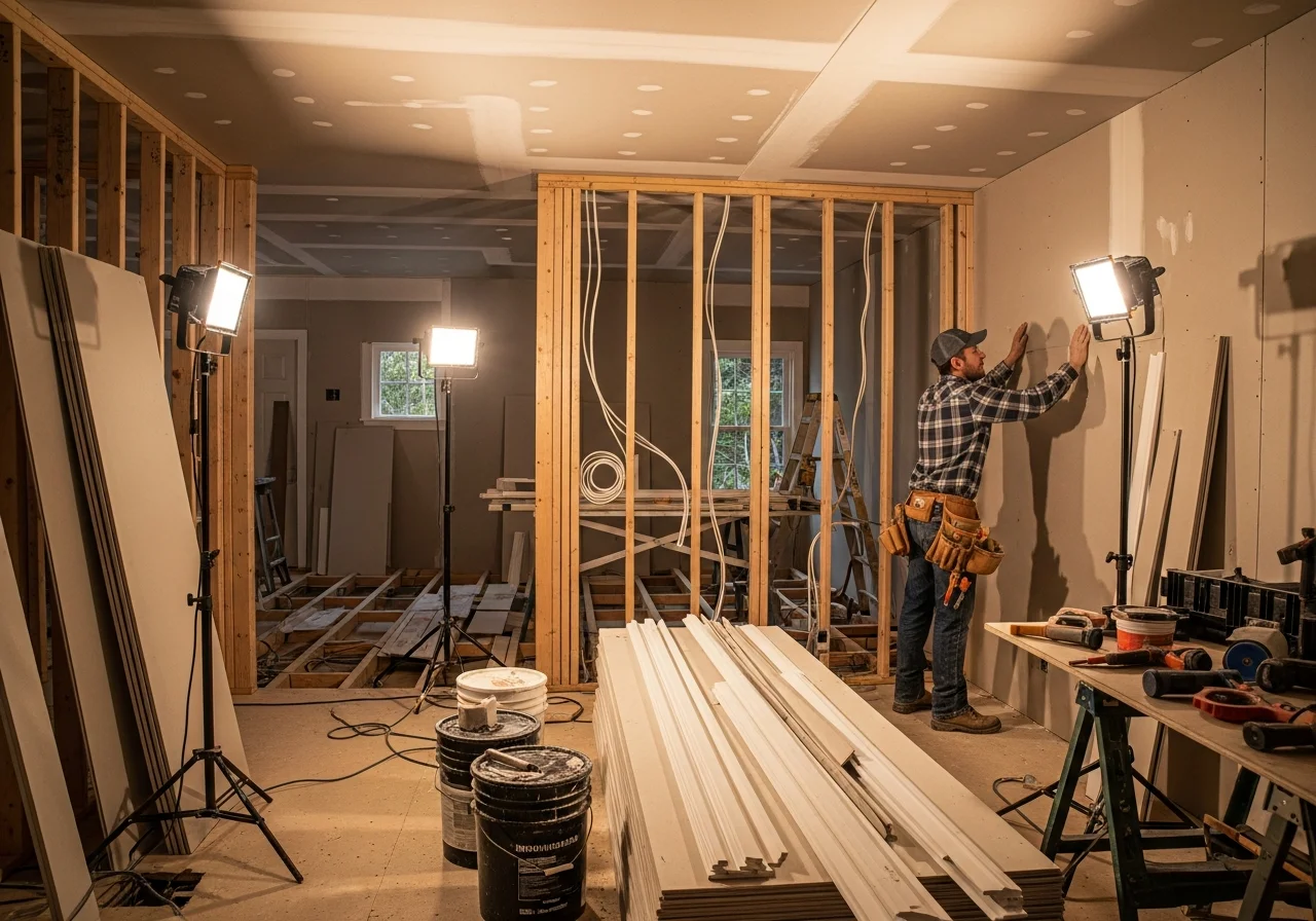 Interior reconstruction in progress in a fire-damaged Matthews NC home showing new framing and drywall
