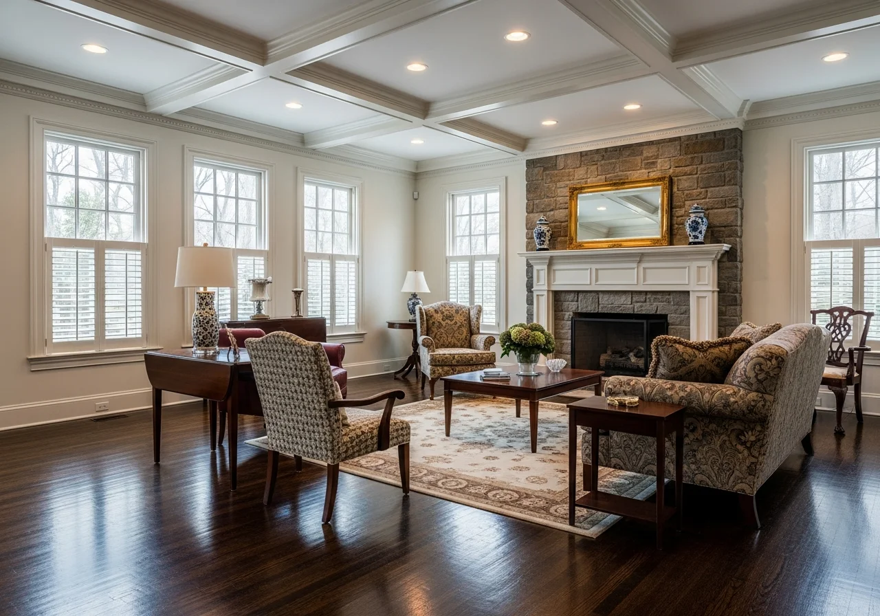 Beautifully restored living room after fire damage restoration in a Matthews NC colonial home
