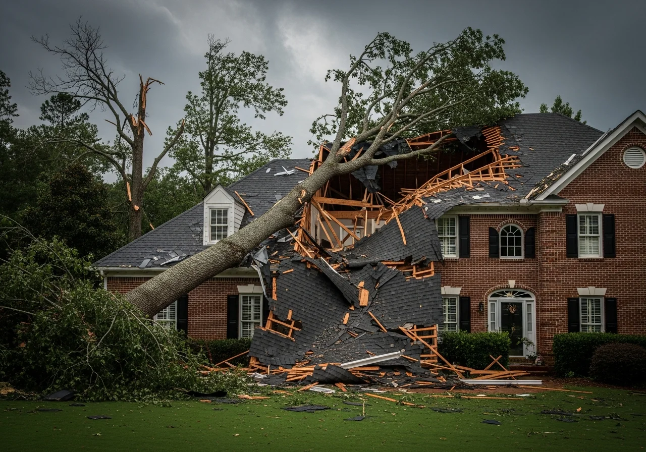Large mature tree fallen onto the roof of a Matthews NC home after a severe storm, showing significant structural damage to the roofline