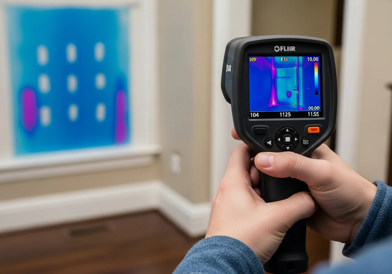 Palm Build technician using thermal imaging camera to detect moisture sources in a Matthews NC crawl space