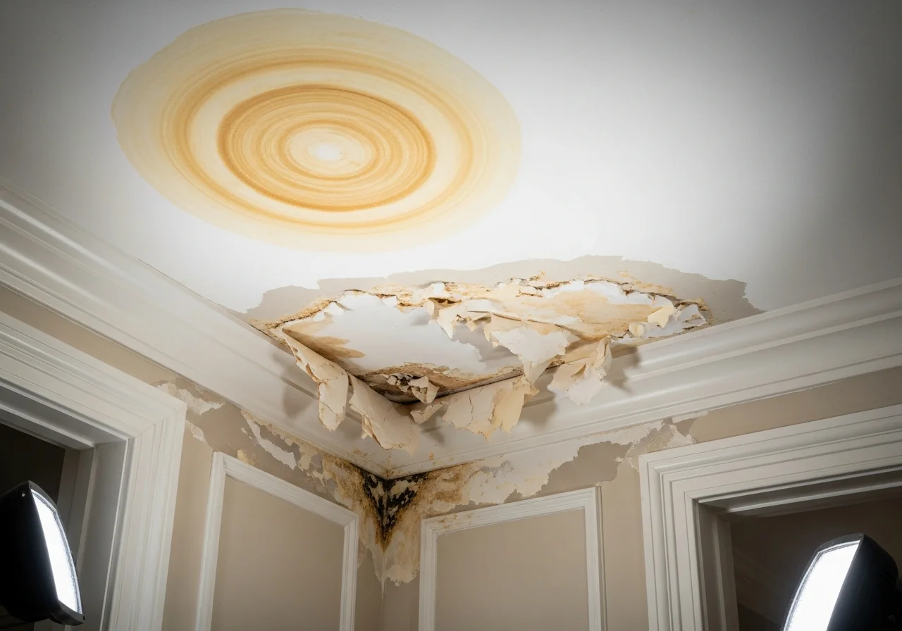 Water damage staining and mold growth on drywall ceiling in a Matthews NC colonial home