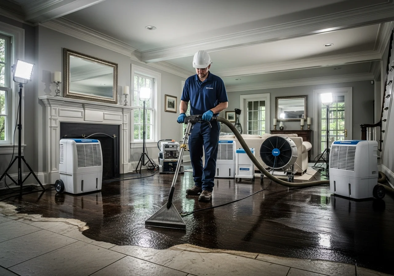 Palm Build technician performing water extraction on hardwood floors inside a Matthews NC brick colonial home