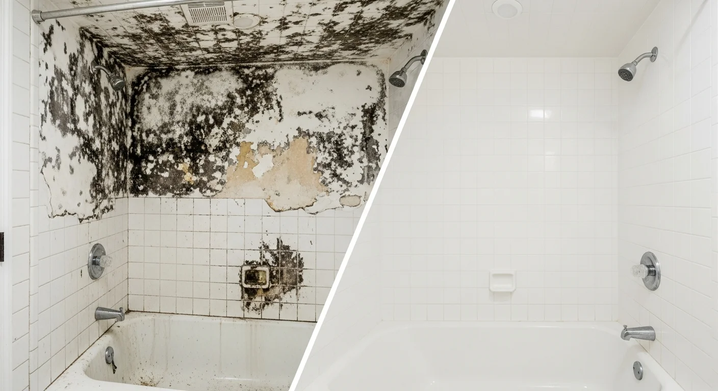 Before and after comparison of a Miami bathroom mold remediation project showing severe mold growth transformed to a completely restored bathroom