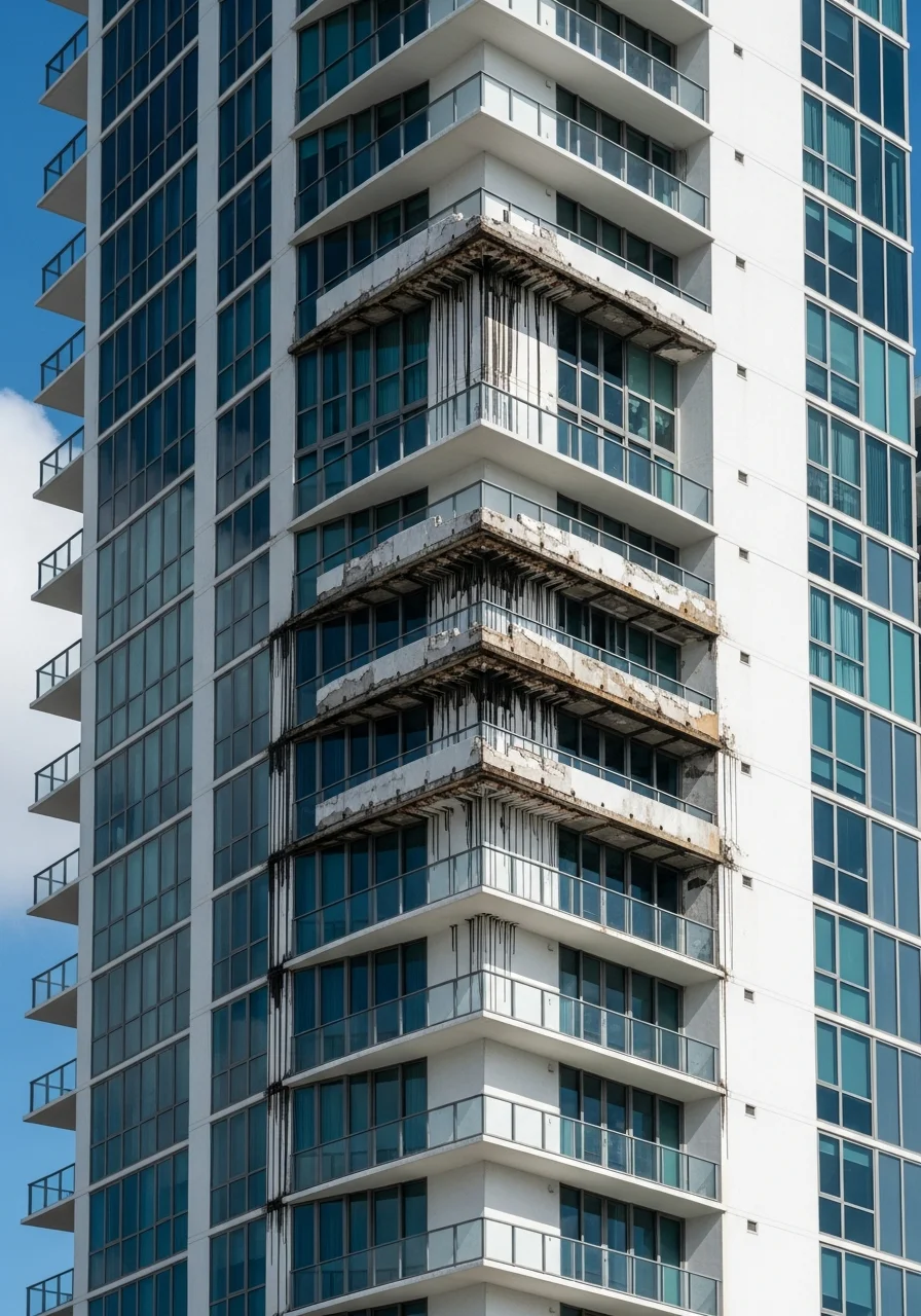High-rise condominium building exterior in Brickell Miami showing water damage staining on the facade and corroded balcony connections