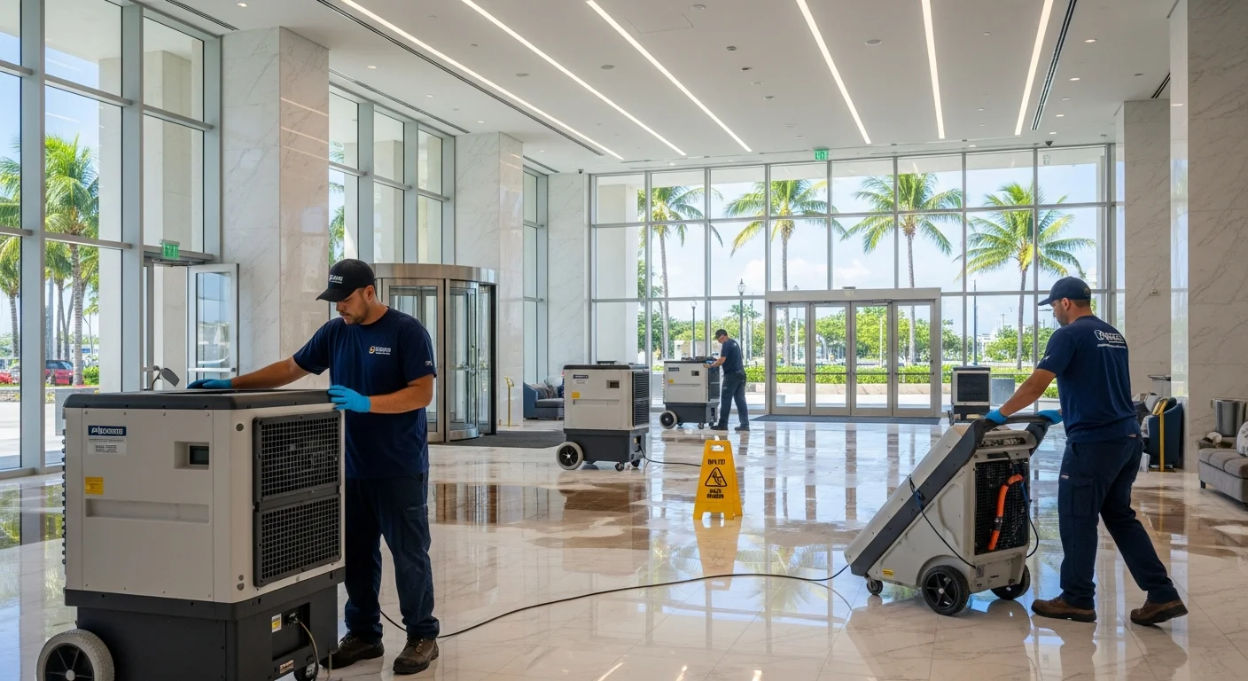 Commercial property lobby in Miami FL undergoing professional restoration services by Palm Build after water damage in Brickell financial district