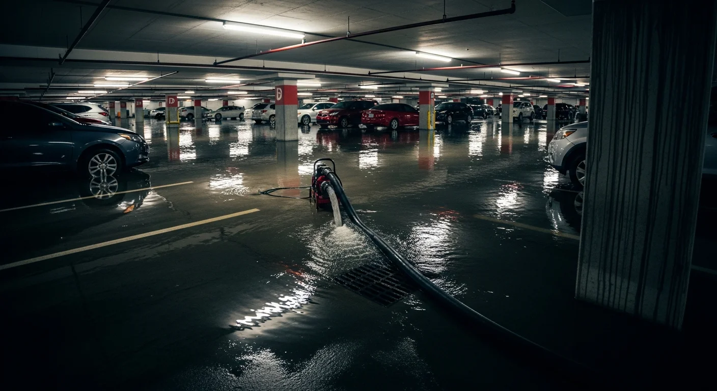 Flooded condominium parking garage in Miami after a tropical storm with standing water and emergency pump equipment visible