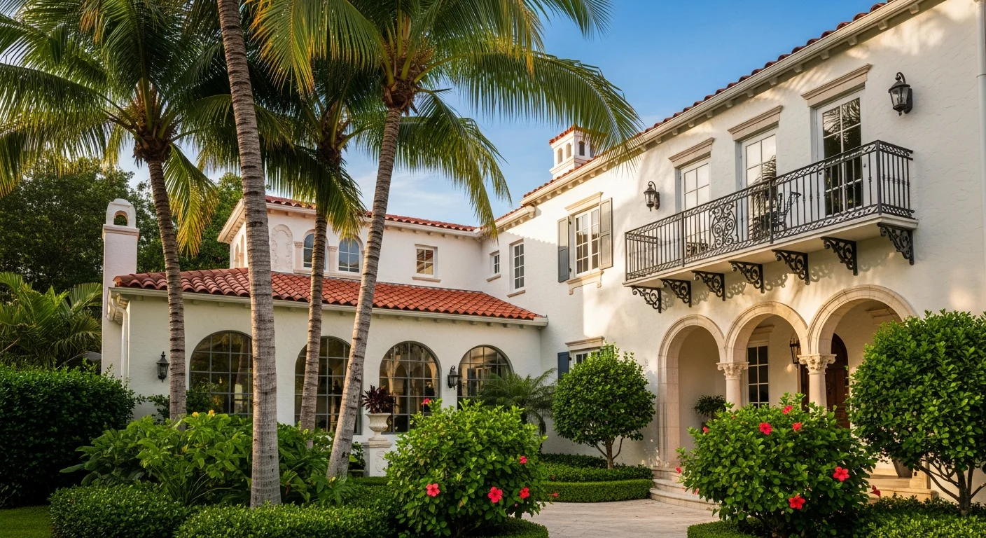 Beautiful Mediterranean Revival style home in Coral Gables Miami with white stucco walls, red clay tile roof, arched doorways, and tropical landscaping