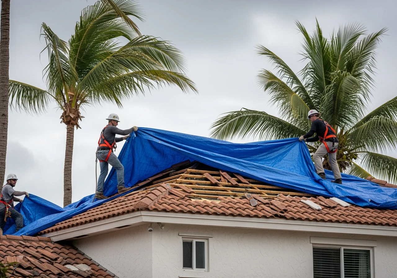Emergency roof tarp installation on Miami FL home after hurricane damage with heavy-duty UV-resistant tarp secured to roof deck