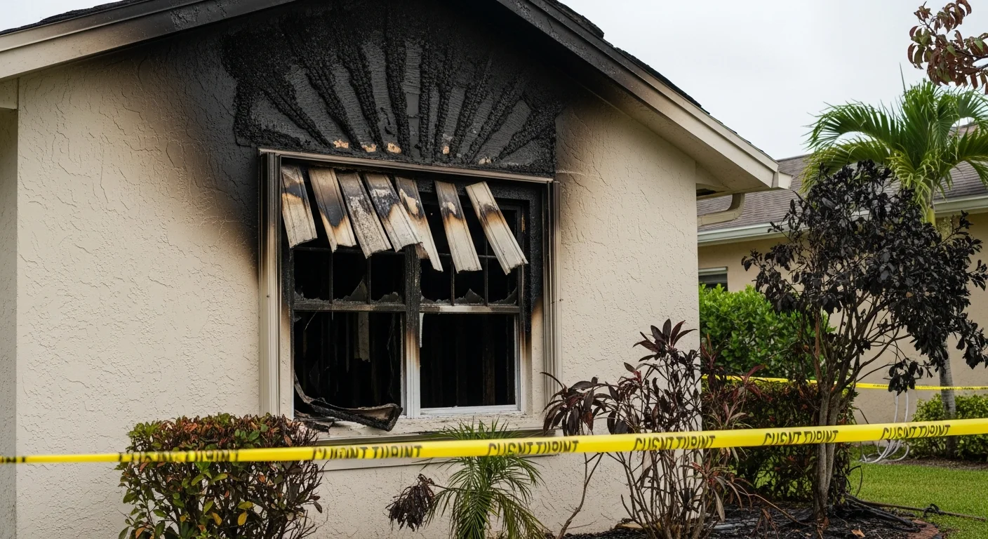 Exterior fire damage on a Miami CBS stucco home showing charring and smoke staining
