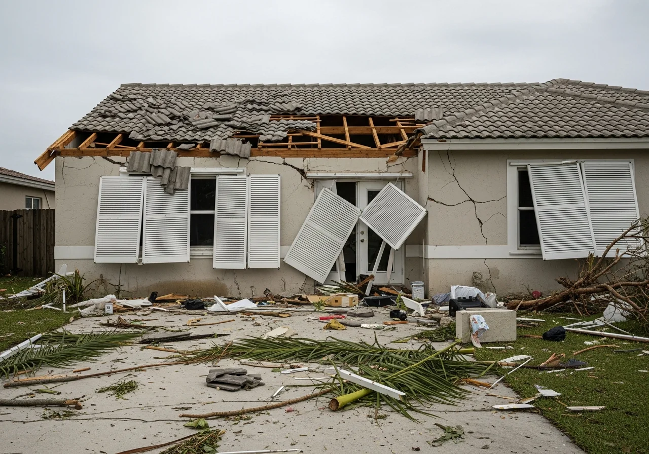 Hurricane wind damage to barrel tile roof on Miami FL home showing displaced tiles and exposed underlayment membrane