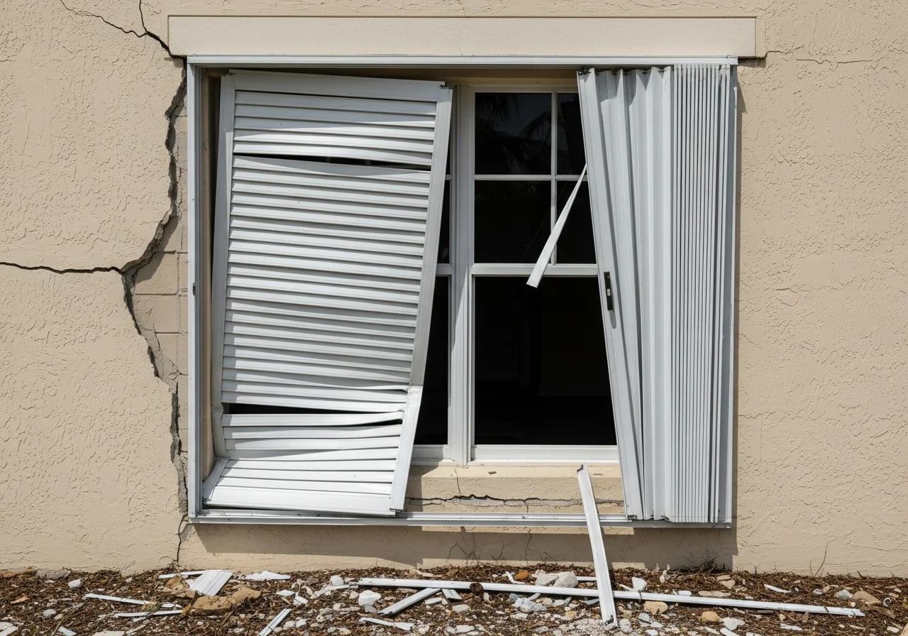 Hurricane shutter and impact window damage on Miami FL home showing failed accordion shutter track and debris impact marks